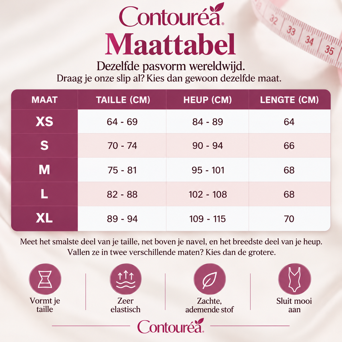Maattabel Contouréa Meno Body, XS tot en met XL, met taille- en heupmaten in centimeters