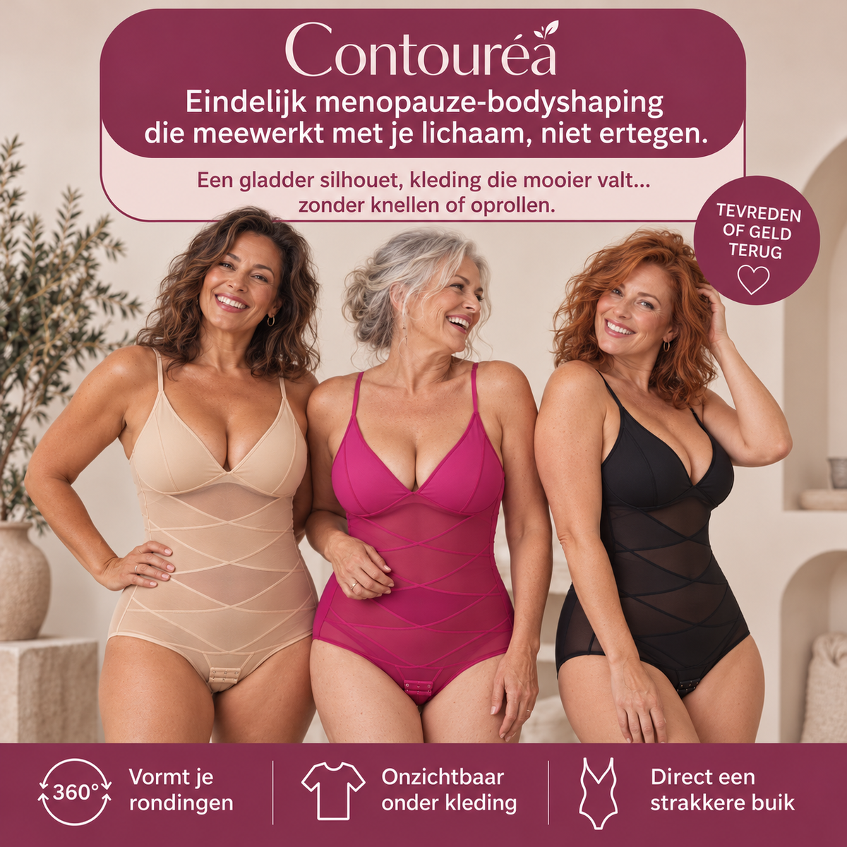 Drie vrouwen in de Contouréa Meno Body in champagne, fuchsia en onyx