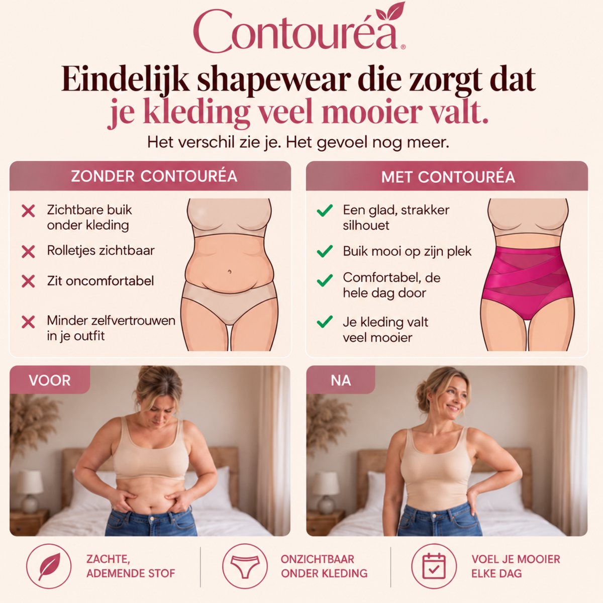 Contouréa Meno Slip — met en zonder Contouréa vergeleken, een glad en strakker silhouet
