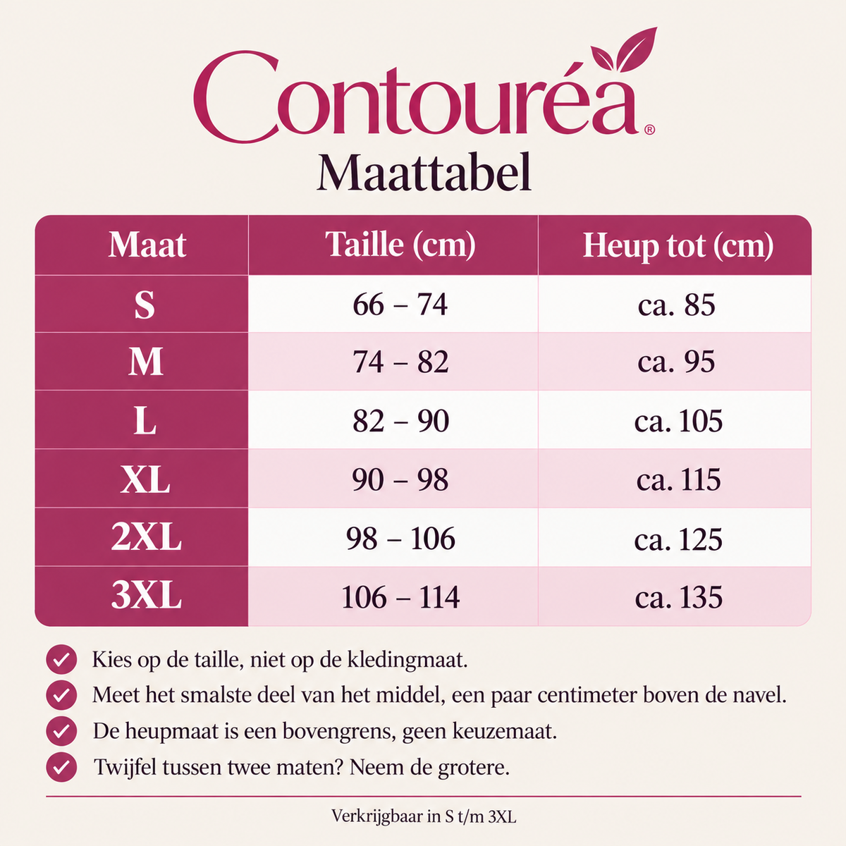 Contouréa Meno Slip — maattabel S tot en met 3XL met taille- en heupmaten in centimeters