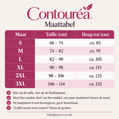 Contouréa Meno Slip — maattabel S tot en met 3XL met taille- en heupmaten in centimeters