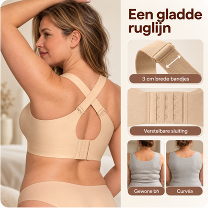 Curvéa geeft een gladde ruglijn: gekruiste bandjes, verstelbare sluiting en geen rolletjes onder je kleding