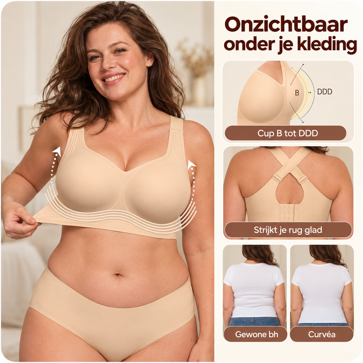 Curvéa is onzichtbaar onder je kleding, cup B tot DDD en strijkt je rug glad
