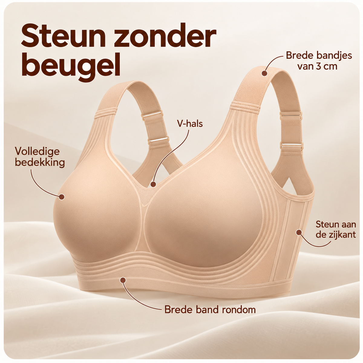 Curvéa: steun zonder beugel, met V-hals, brede bandjes van 3 cm en een brede band rondom