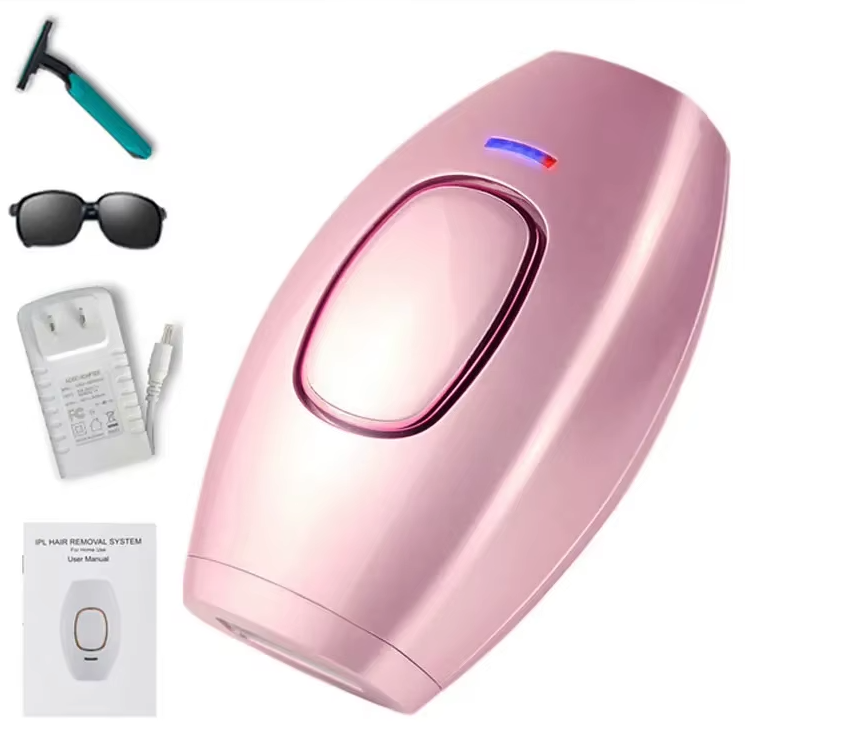 IPL ontharingsapparaat met accessoires: veiligheidsbril, scheermesje en oplader