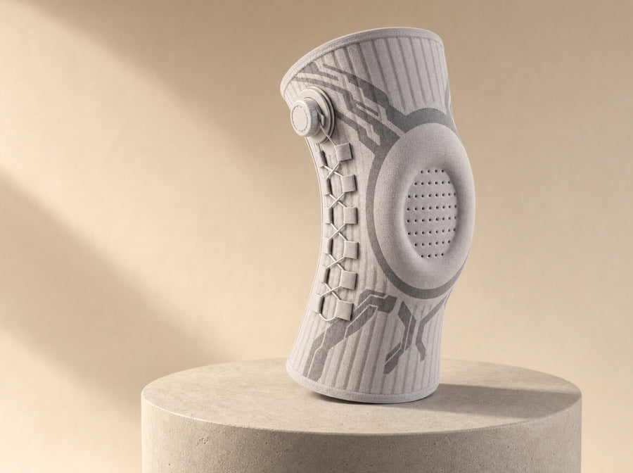 De Kneva kniebandage met de draaiknop aan de zijkant